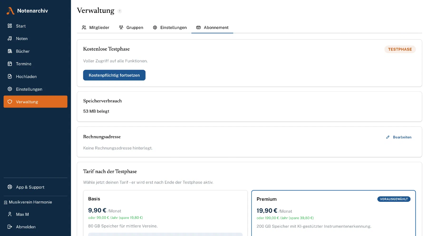 Abo-Bereich in der Vereinsverwaltung mit laufender Testphase, belegtem Speicherplatz und der Wahl zwischen Basis und Premium