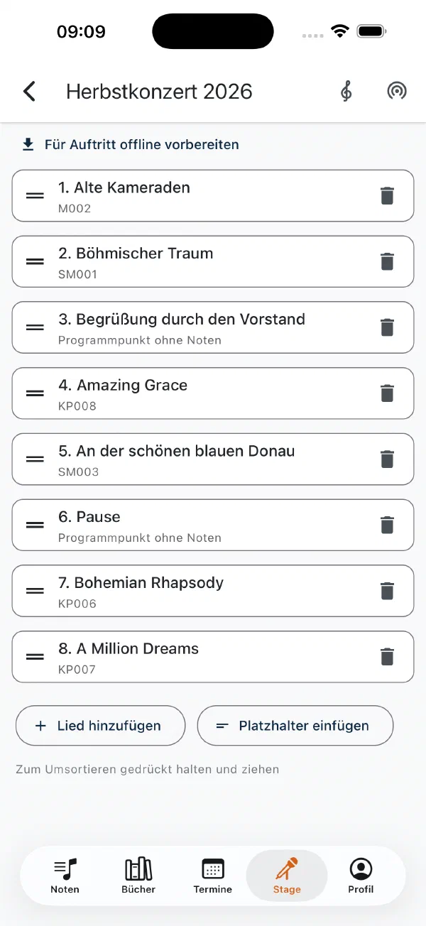 Liedfolge im Stage Mode mit Buchnummern und Platzhaltern