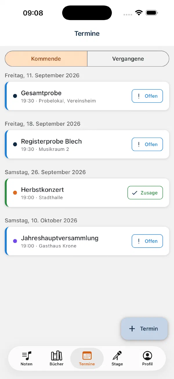 Terminliste in der App mit Rückmeldungen