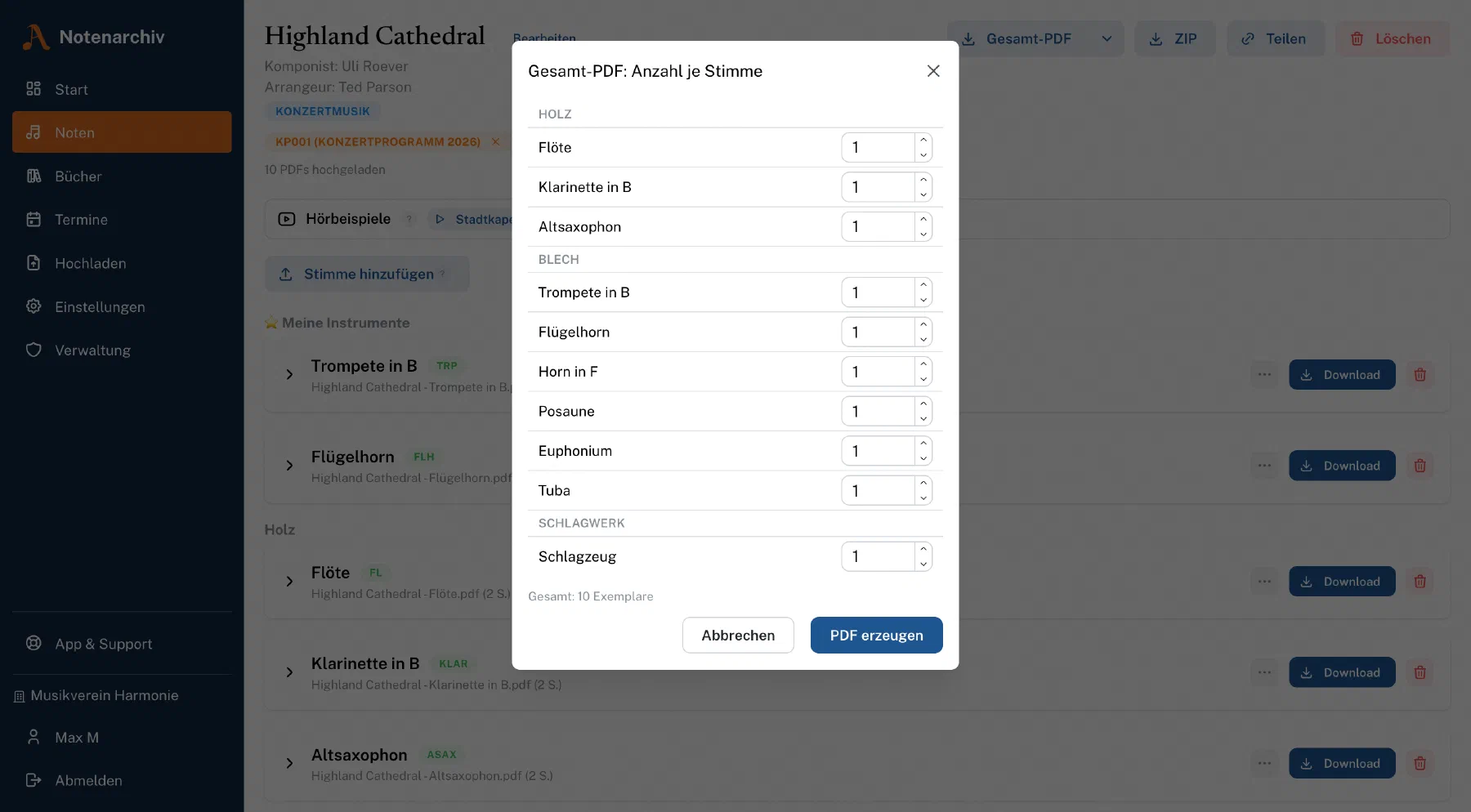Dialog „Gesamt-PDF: Anzahl je Stimme“ mit einer Zahl je Instrument, gruppiert nach Holz, Blech und Schlagwerk