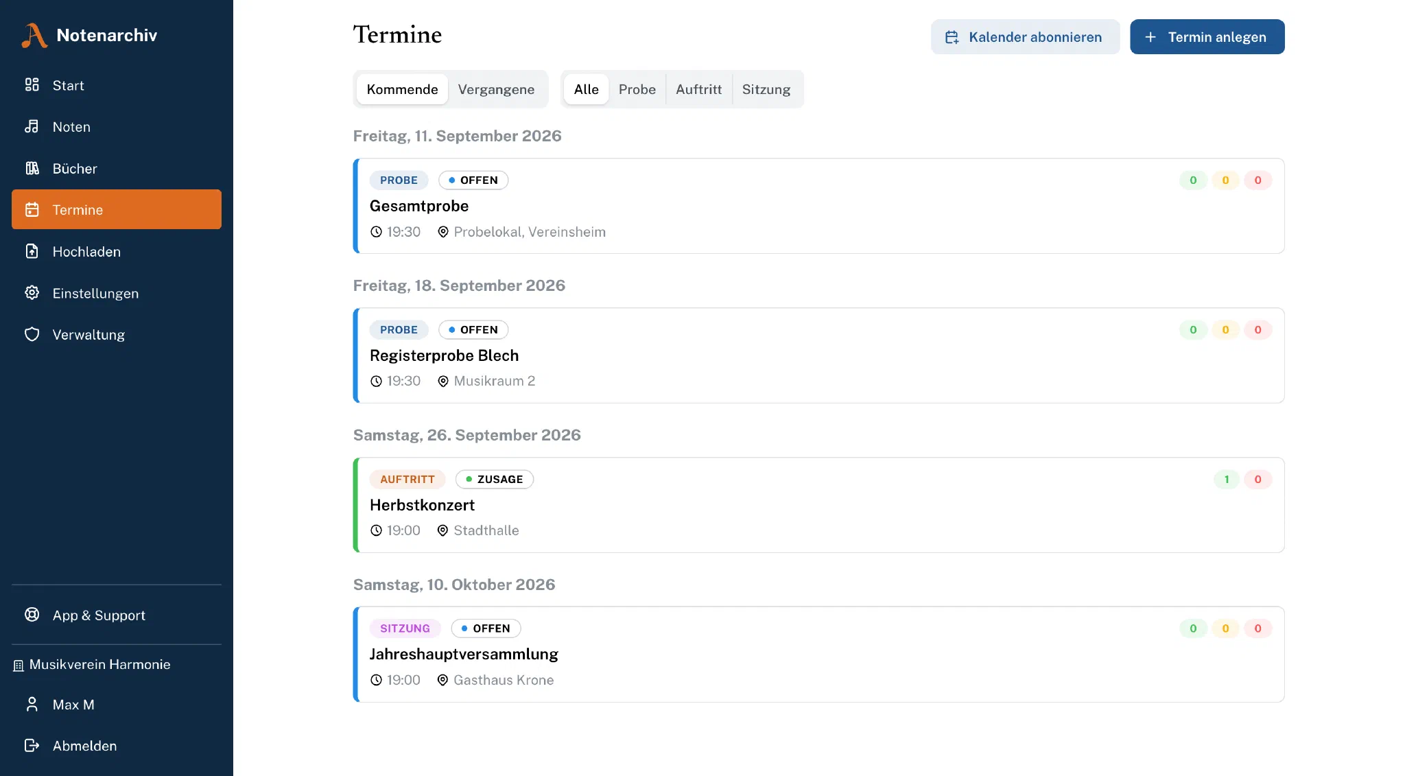 Terminliste im Browser mit Terminart, eigener Rückmeldung und Zählern